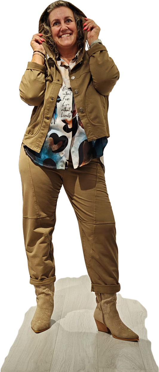 Giacca con Cappuccio Donna Color Cachi | Giacchina Corta con Bottoni