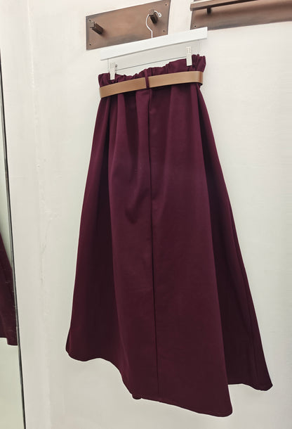 Vestito Lungo Donna Bordeaux Svasato | Abito Vita Alta con Cintura