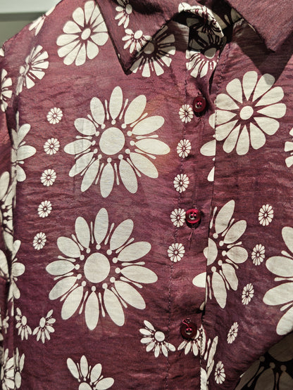 Camicia Manica Lunga Donna Bordeaux con Stampa Margherite | Scollatura comoda