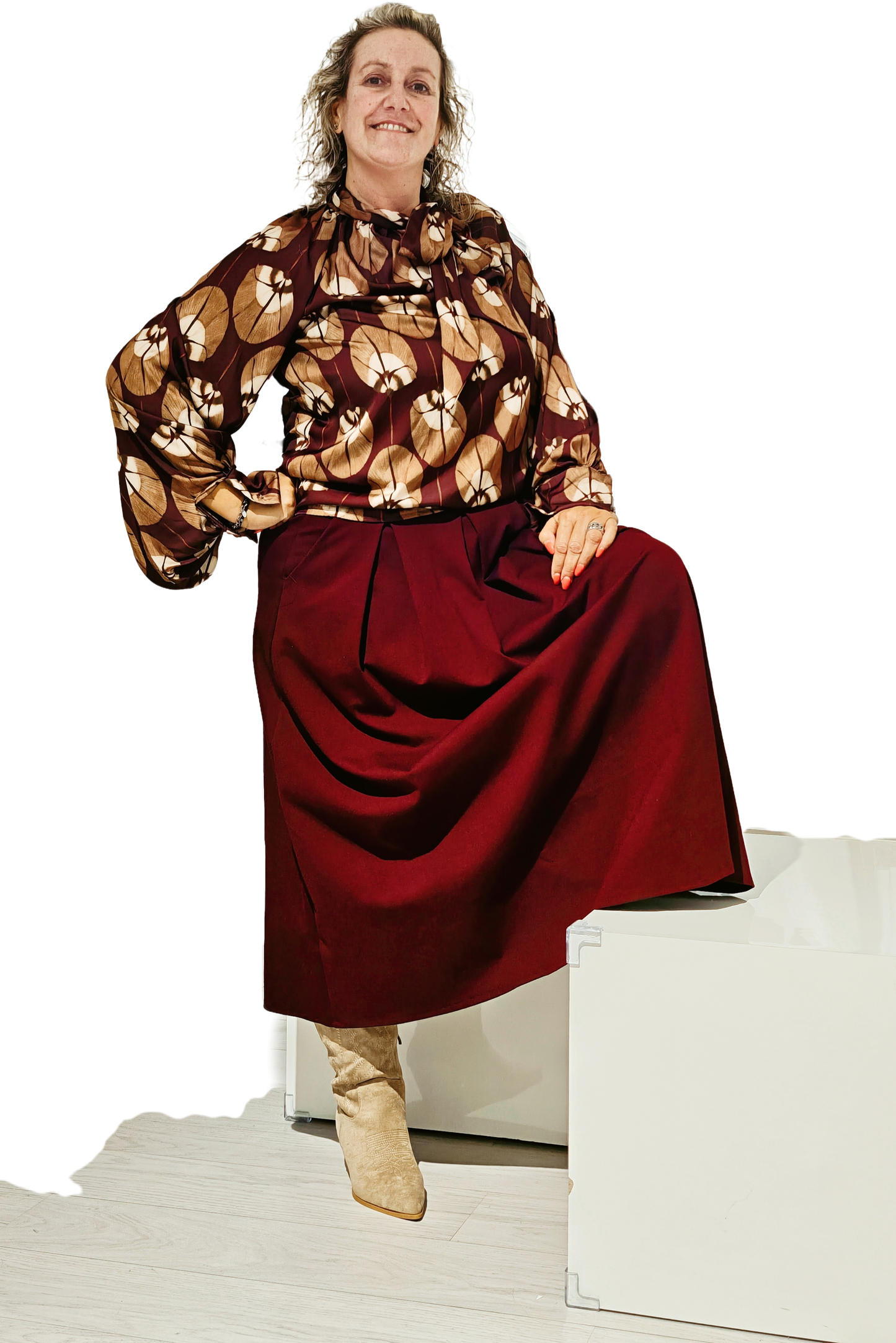 Vestito Lungo Donna Bordeaux Svasato | Abito Vita Alta con Cintura