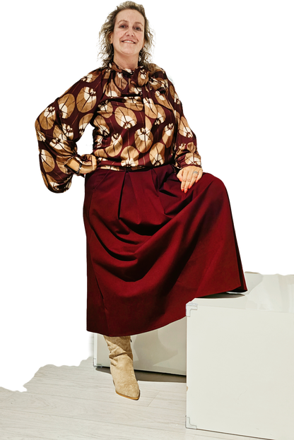 Vestito Lungo Donna Bordeaux Svasato | Abito Vita Alta con Cintura