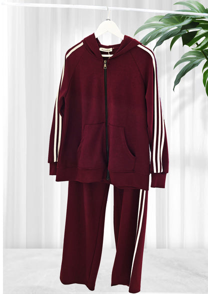  Tuta Sportiva Donna Marrone con Cappuccio e Strisce Bianche