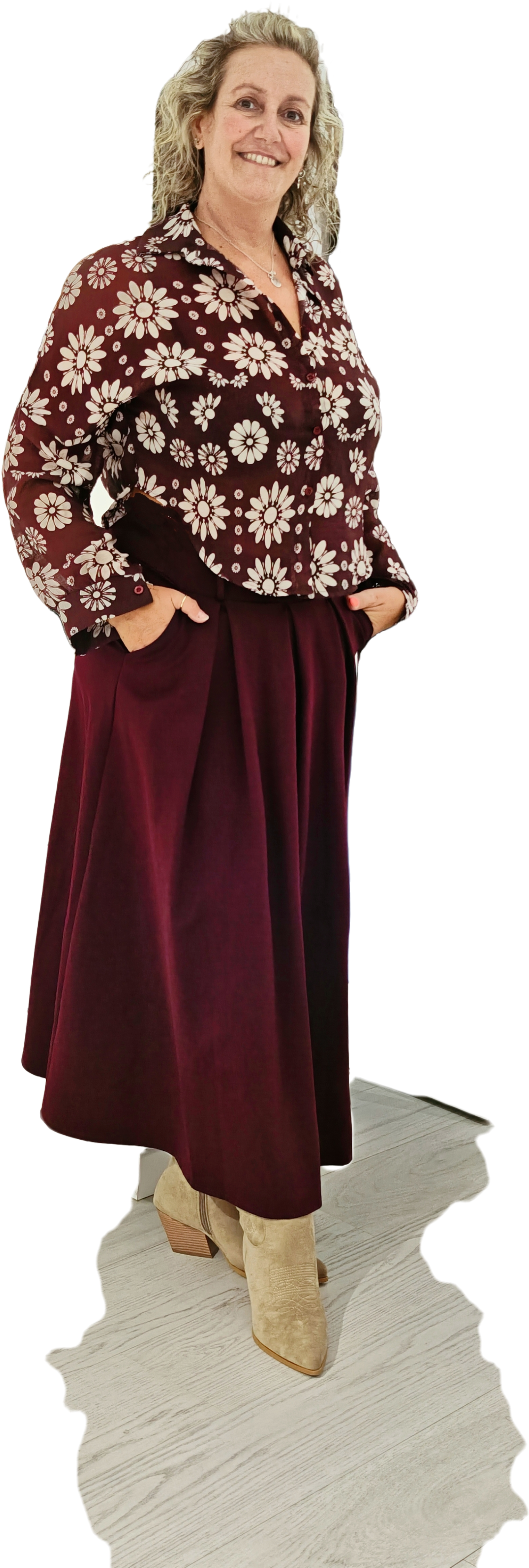 Vestito Lungo Donna Bordeaux Svasato | Abito Vita Alta con Cintura