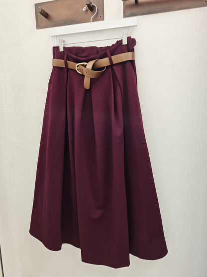 Vestito Lungo Donna Bordeaux Svasato | Abito Vita Alta con Cintura