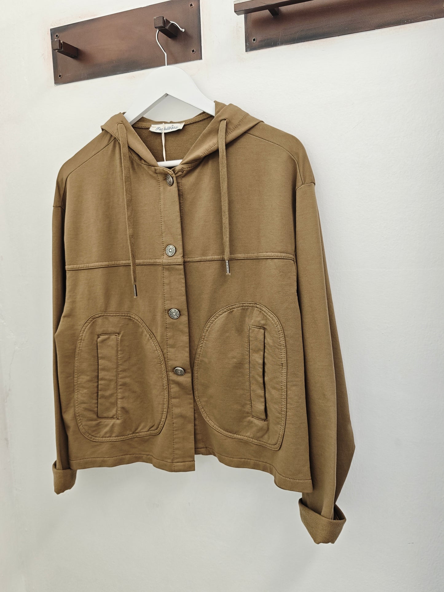 Giacca con Cappuccio Donna Color Cachi | Giacchina Corta con Bottoni