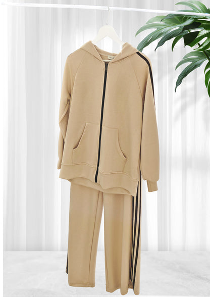  Tuta Sportiva Donna Marrone con Cappuccio e Strisce Bianche