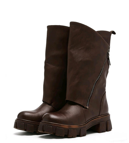 Stivali Donna in Pella Marrone con Zeppa Spessa - Stile Avvolgente a Bordo Ribaltato