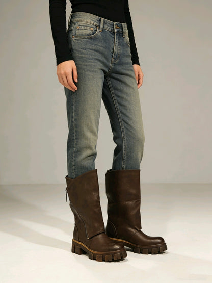 Stivali Donna in Pella Marrone con Zeppa Spessa - Stile Avvolgente a Bordo Ribaltato