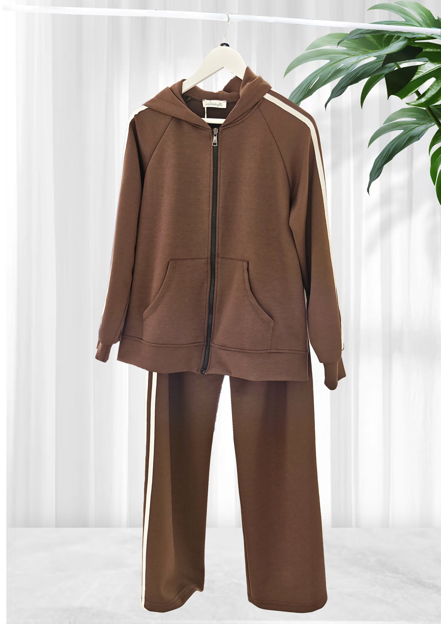  Tuta Sportiva Donna Marrone con Cappuccio e Strisce Bianche