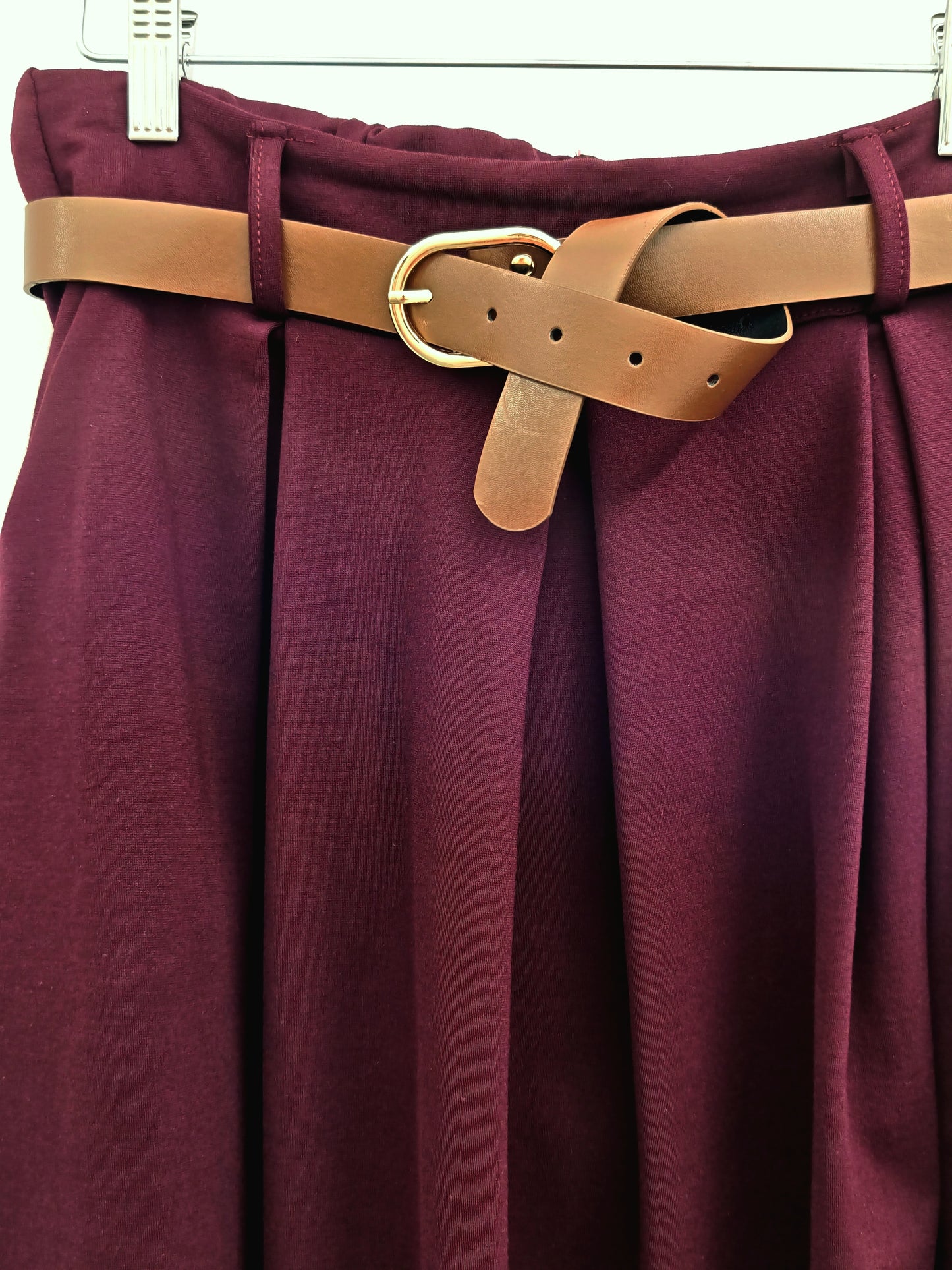 Vestito Lungo Donna Bordeaux Svasato | Abito Vita Alta con Cintura