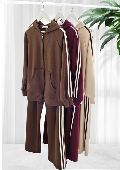  Tuta Sportiva Donna Marrone con Cappuccio e Strisce Bianche